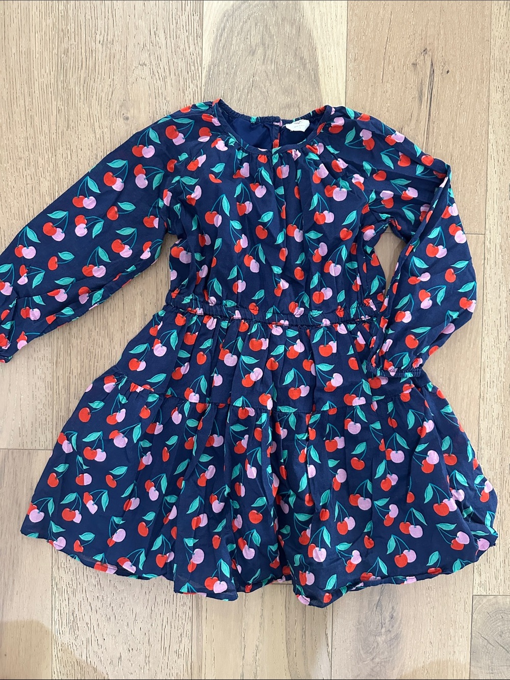 J. Crew Navy Cherry-Print Long-Sleeve Tiered Cotton Dress